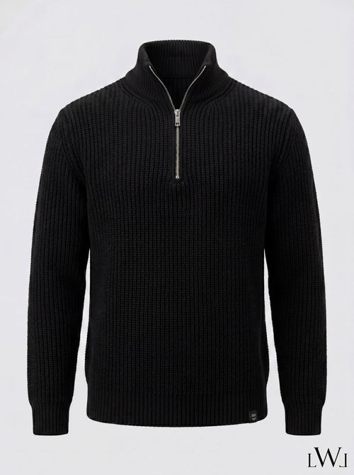 Half Zippered Black Stand Collar Thick Ribbed Men's Knitwear Sweater