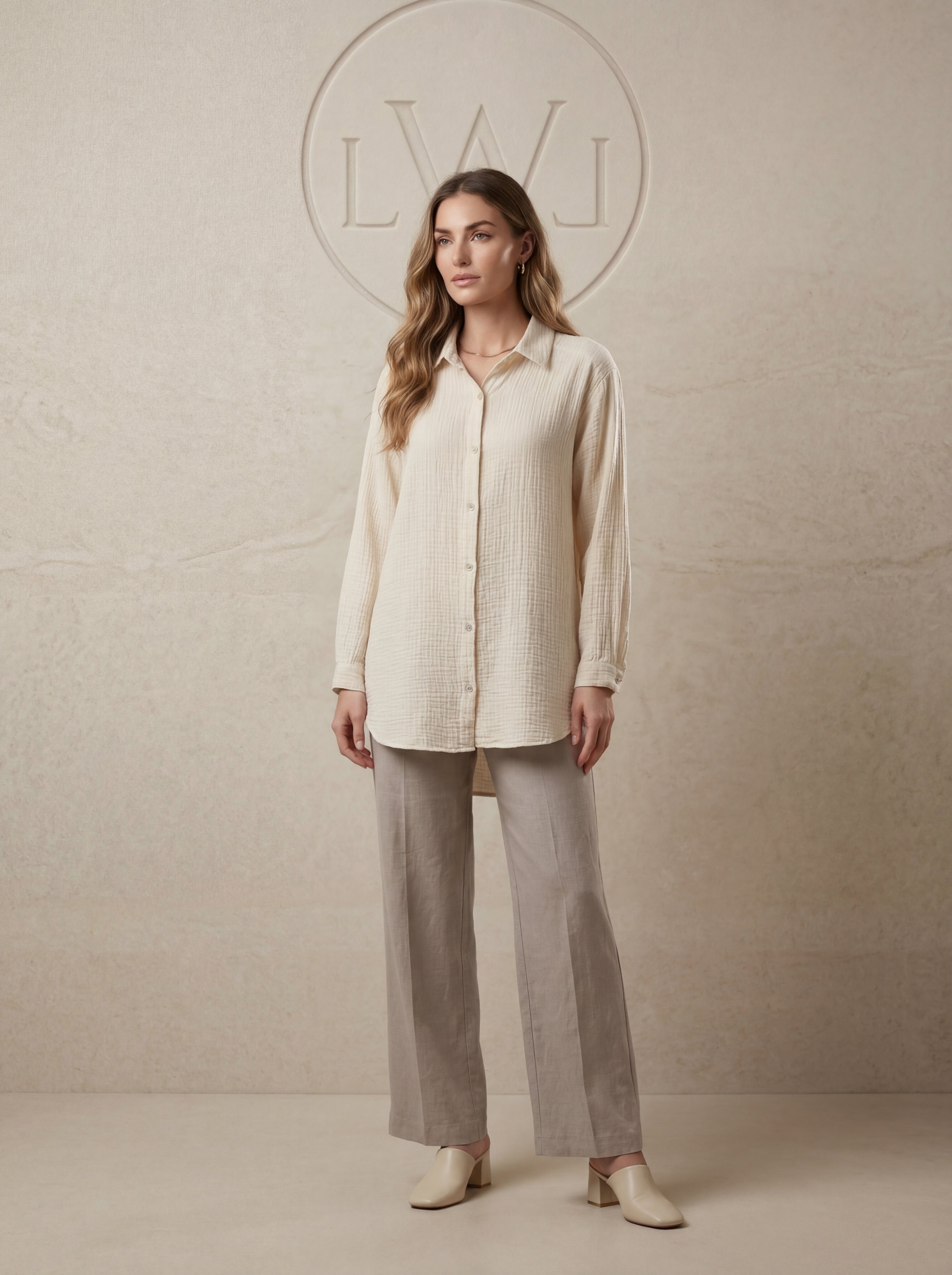 Kadın Oversize Bürümcük Dokulu Müslin Bol Kesim Tunik Gömlek Ekru