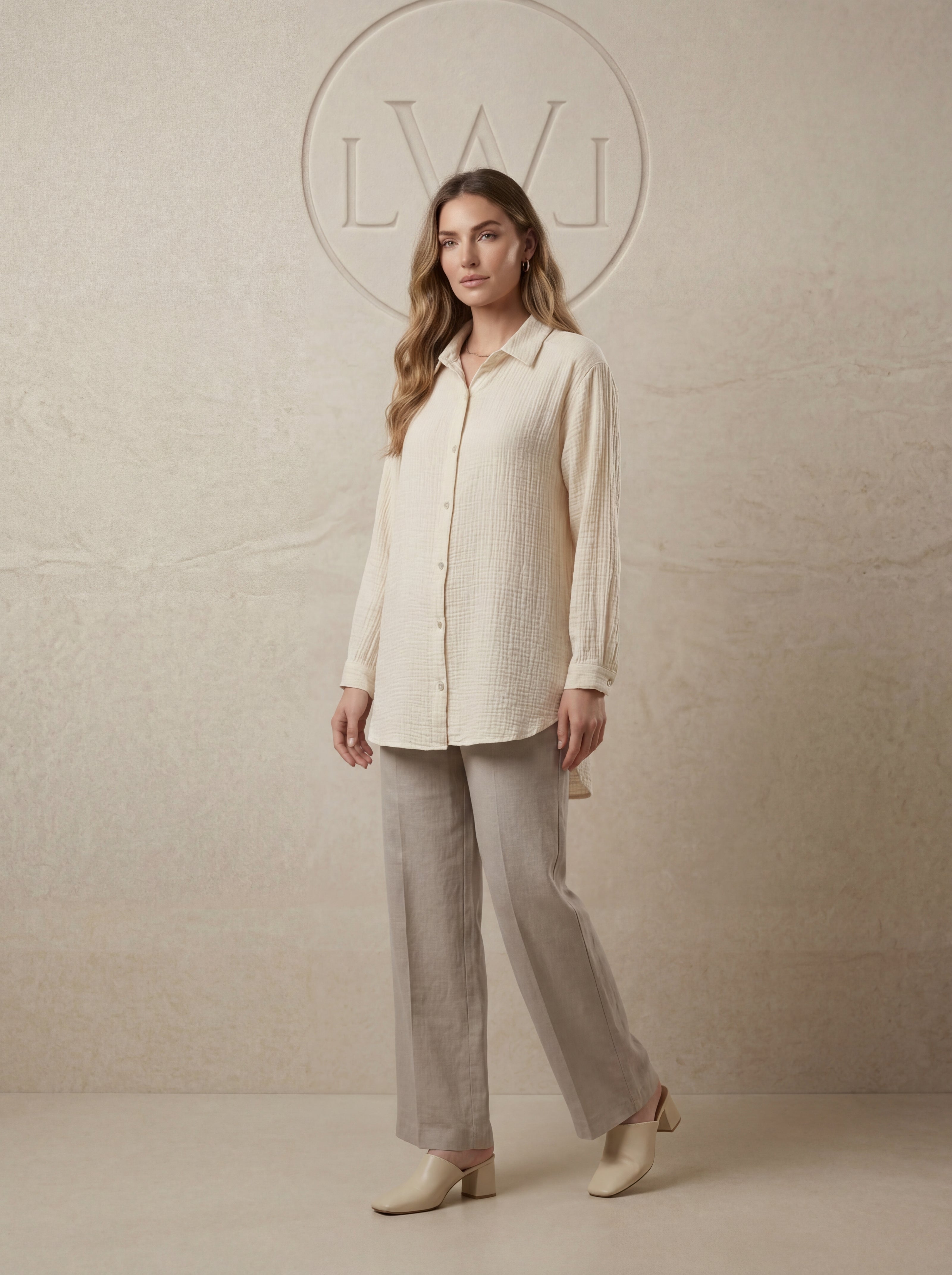 Kadın Oversize Bürümcük Dokulu Müslin Bol Kesim Tunik Gömlek Ekru