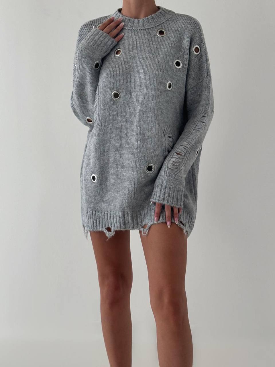 Eyelet Detailed Gray Oversized Distressed Women's Knitwear Sweater