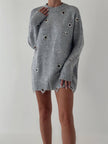 Eyelet Detailed Gray Oversized Distressed Women's Knitwear Sweater