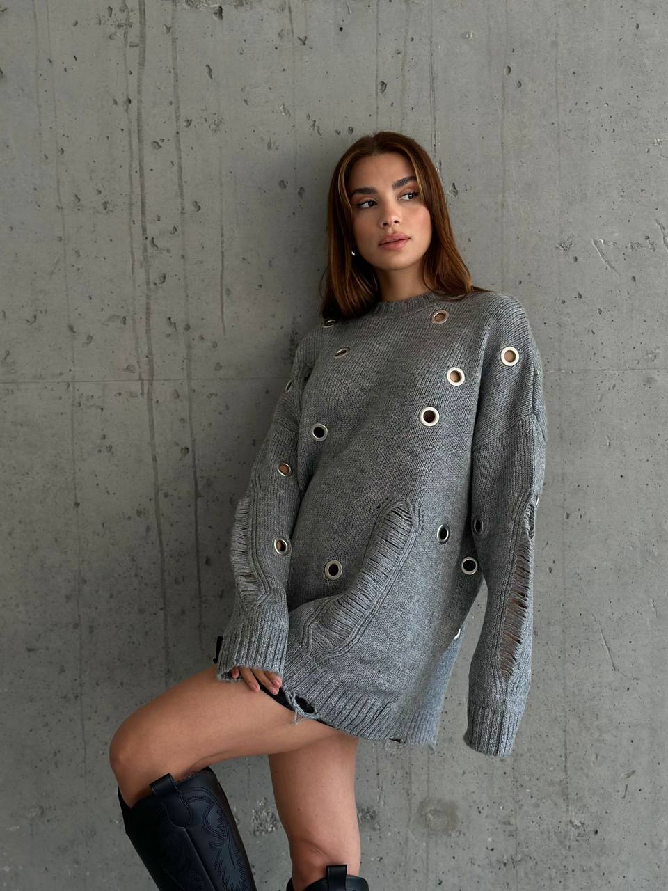 Eyelet Detailed Gray Oversized Distressed Women's Knitwear Sweater