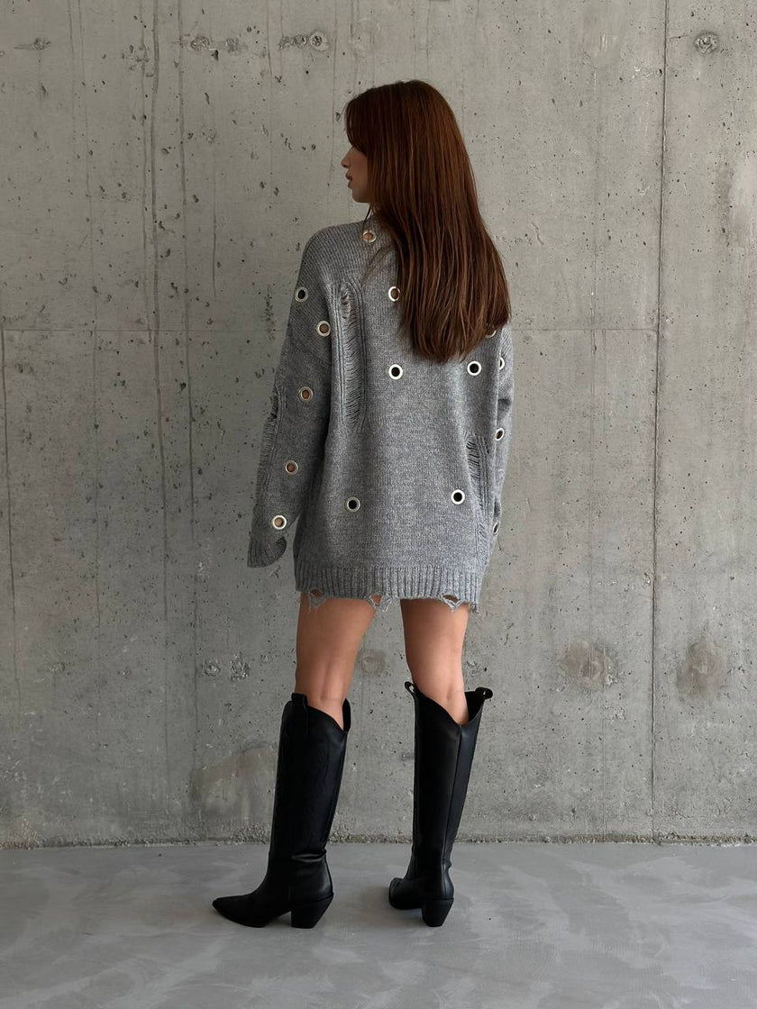 Eyelet Detailed Gray Oversized Distressed Women's Knitwear Sweater