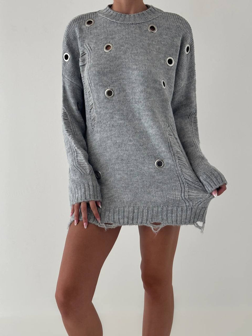 Eyelet Detailed Gray Oversized Distressed Women's Knitwear Sweater