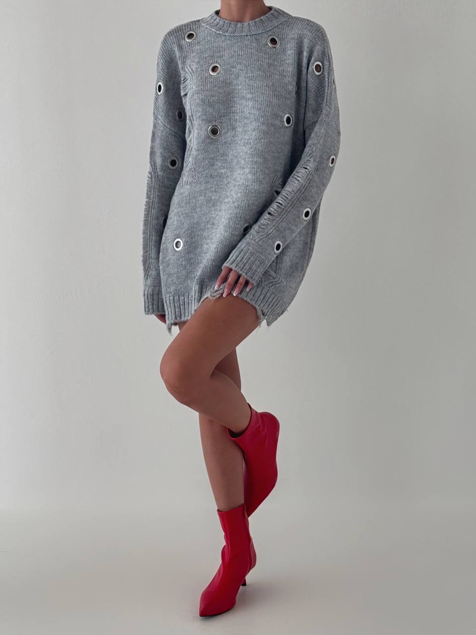 Eyelet Detailed Gray Oversized Distressed Women's Knitwear Sweater