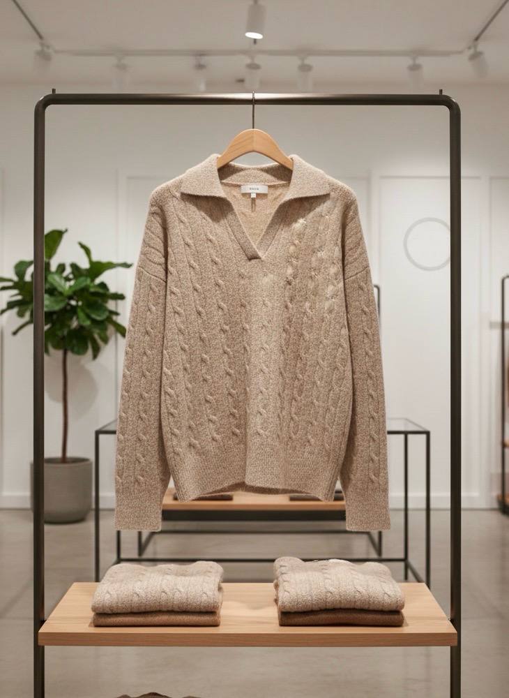 Pinterest Tarzı Bej V Yaka Polo Yaka Saç Örgü Oversize Triko Kazak