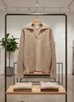 Pinterest Tarzı Bej V Yaka Polo Yaka Saç Örgü Oversize Triko Kazak