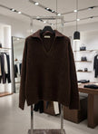 Pinterest Tarzı Kahverengi V Yaka Polo Yaka Saç Örgü Oversize Triko Kazak