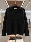 Pinterest Tarzı Siyah V Yaka Polo Yaka Saç Örgü Oversize Triko Kazak