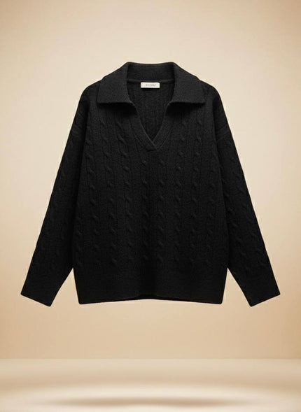 Pinterest Tarzı Siyah V Yaka Polo Yaka Saç Örgü Oversize Triko Kazak