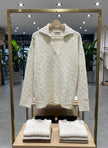 Pinterest Tarzı Krem V Yaka Polo Yaka Saç Örgü Oversize Triko Kazak