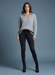 Pinterest Tarzı Gri V Yaka Polo Yaka Saç Örgü Oversize Triko Kazak