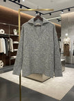 Pinterest Tarzı Gri V Yaka Polo Yaka Saç Örgü Oversize Triko Kazak