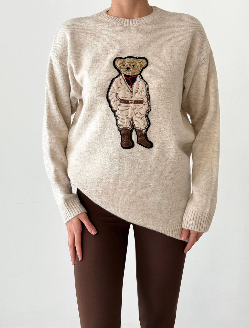 Fun Beige Oversized Women's Sweater with Teddy Bear Pattern
