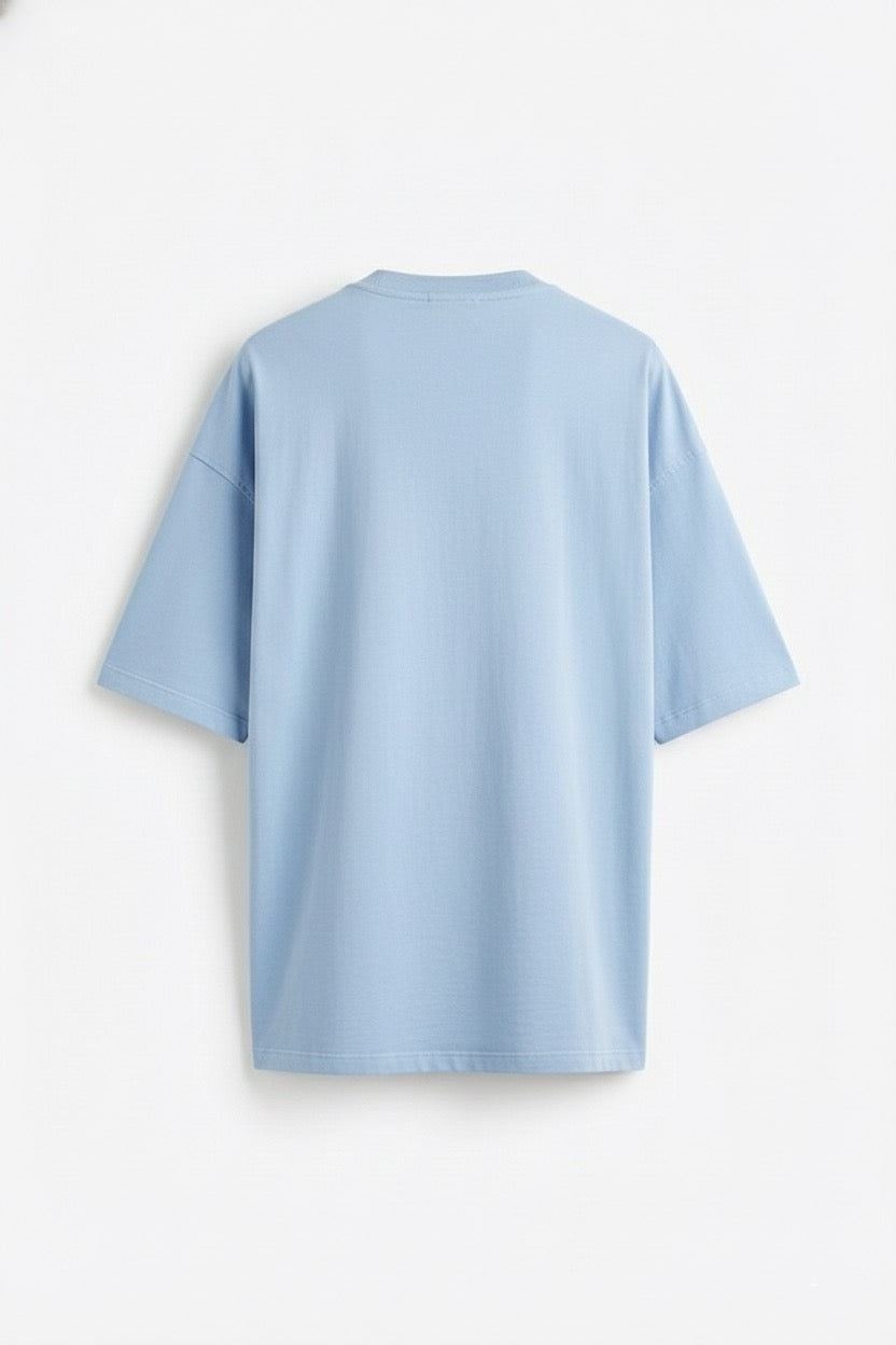 Buz Mavi Oversize Tişört – Relax Fit, Asimetrik Dikişli Modern Erkek T-Shirt