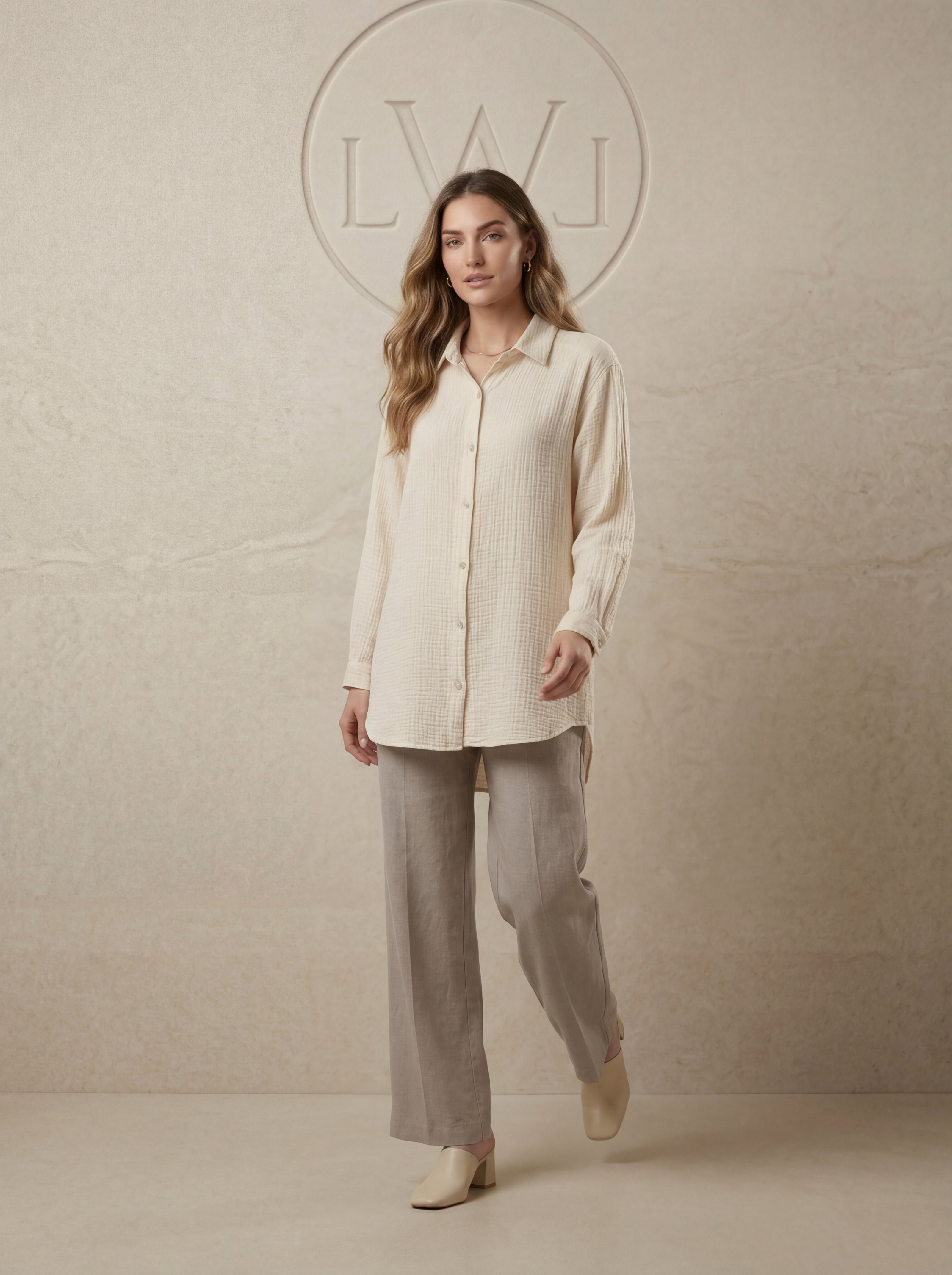 Kadın Oversize Bürümcük Dokulu Müslin Bol Kesim Tunik Gömlek Ekru