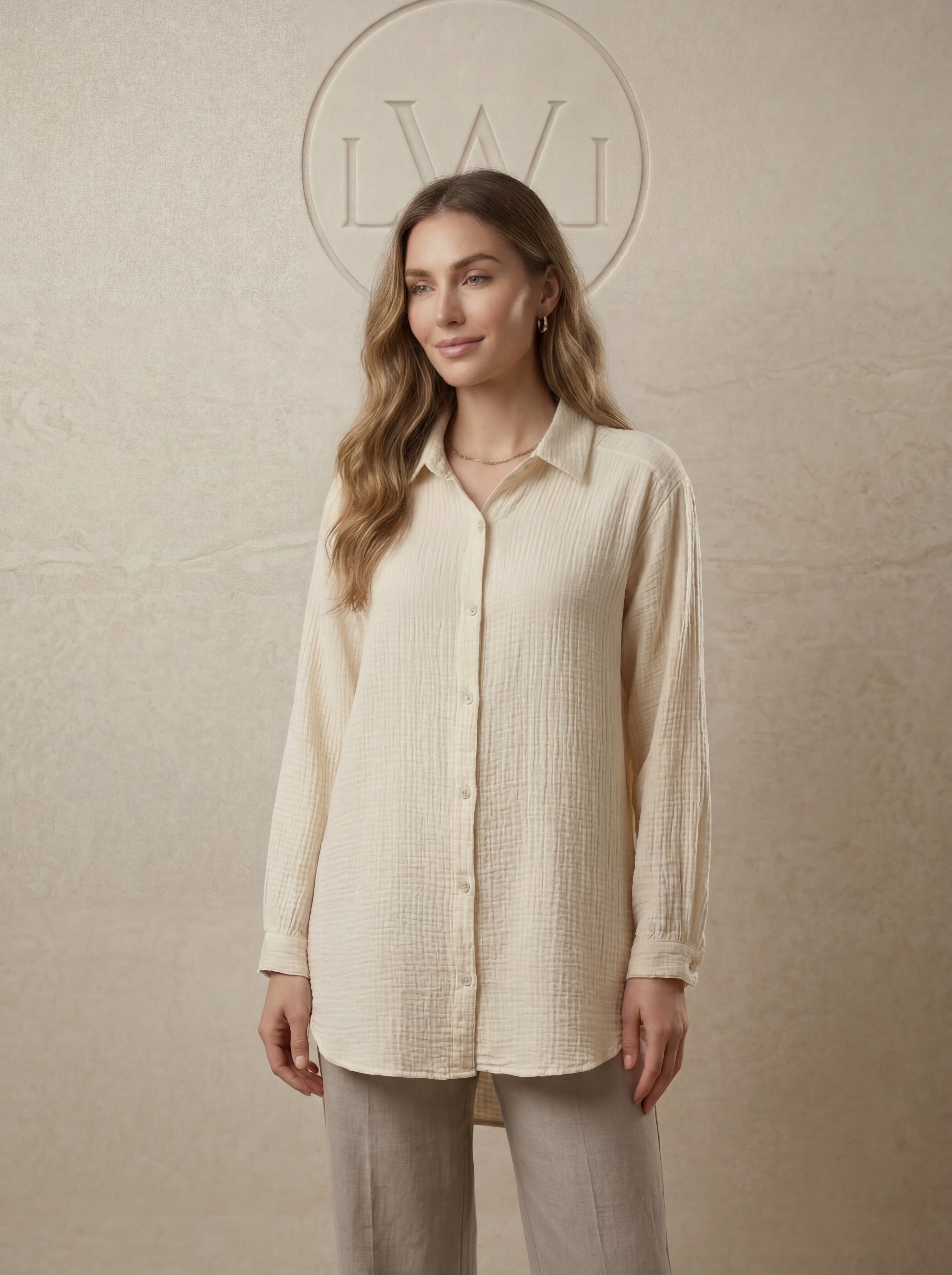 Kadın Oversize Bürümcük Dokulu Müslin Bol Kesim Tunik Gömlek Ekru