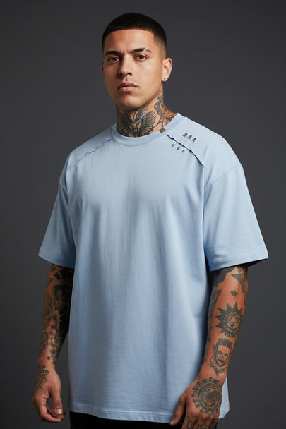 Buz Mavi Oversize Tişört – Relax Fit, Asimetrik Dikişli Modern Erkek T-Shirt
