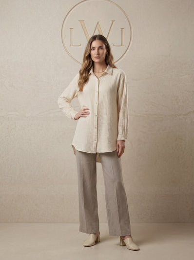 Kadın Oversize Bürümcük Dokulu Müslin Bol Kesim Tunik Gömlek Ekru