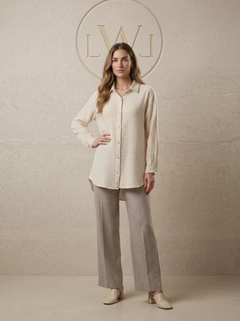 Kadın Oversize Bürümcük Dokulu Müslin Bol Kesim Tunik Gömlek Ekru