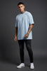 Buz Mavi Oversize Tişört – Relax Fit, Asimetrik Dikişli Modern Erkek T-Shirt