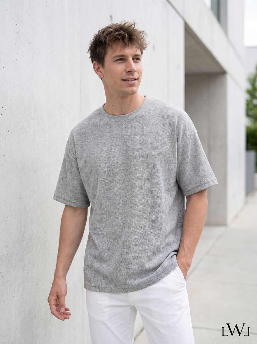 Textured Knitted Fabric Black Crew Neck Oversize Men's T-Shirt