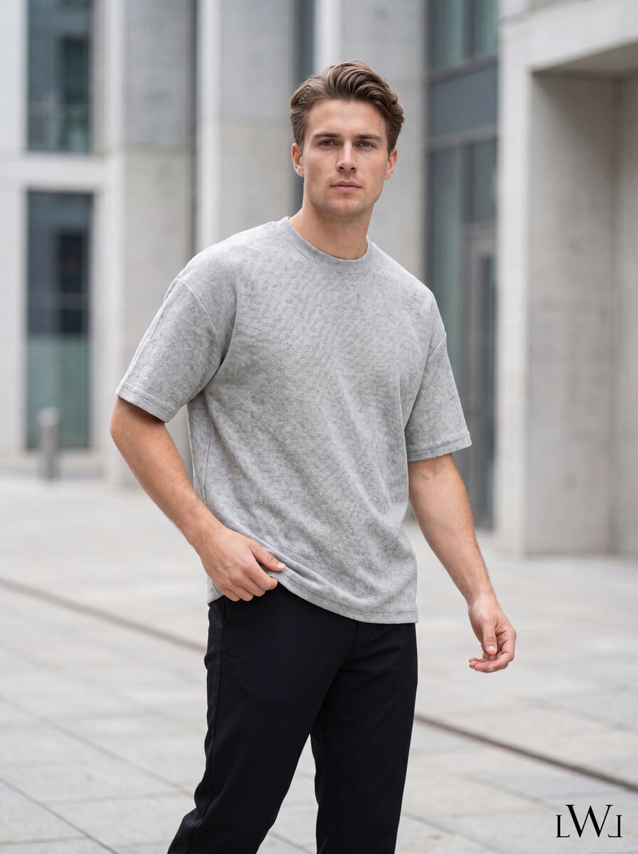 Textured Knitted Fabric Black Crew Neck Oversize Men's T-Shirt