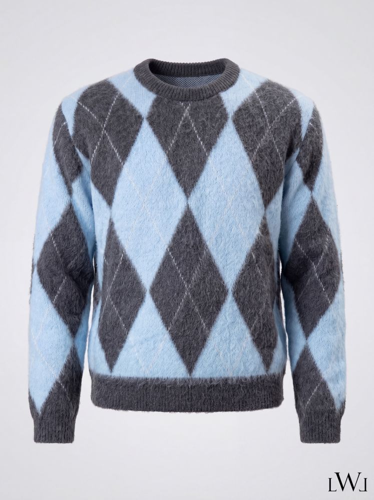 Baby Blue Gray Crew Neck Men's Knitwear Sweater with Diamond Pattern