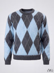 Baby Blue Gray Crew Neck Men's Knitwear Sweater with Diamond Pattern