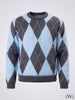 Baby Blue Gray Crew Neck Men's Knitwear Sweater with Diamond Pattern
