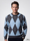 Baby Blue Gray Crew Neck Men's Knitwear Sweater with Diamond Pattern