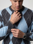 Baby Blue Gray Crew Neck Men's Knitwear Sweater with Diamond Pattern