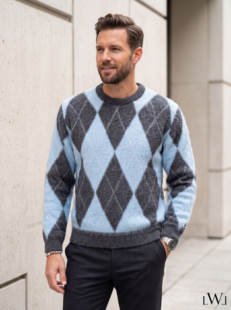 Baby Blue Gray Crew Neck Men's Knitwear Sweater with Diamond Pattern