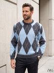 Baby Blue Gray Crew Neck Men's Knitwear Sweater with Diamond Pattern
