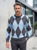 Baby Blue Gray Crew Neck Men's Knitwear Sweater with Diamond Pattern