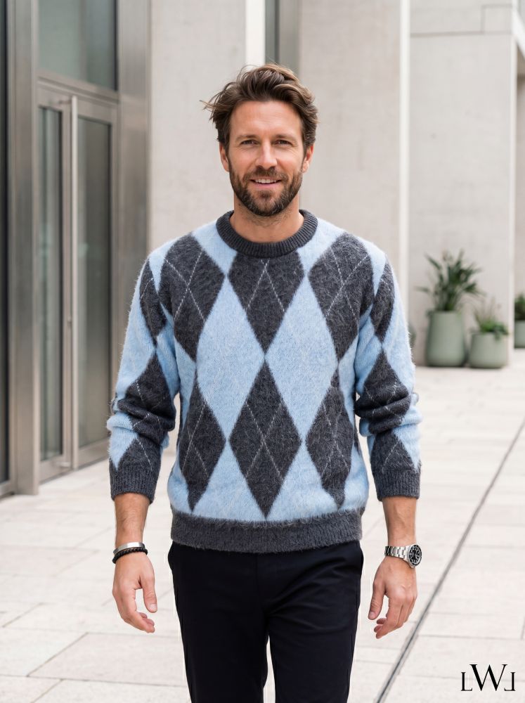 Baby Blue Gray Crew Neck Men's Knitwear Sweater with Diamond Pattern