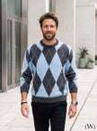 Baby Blue Gray Crew Neck Men's Knitwear Sweater with Diamond Pattern