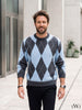 Baby Blue Gray Crew Neck Men's Knitwear Sweater with Diamond Pattern
