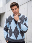 Baby Blue Gray Crew Neck Men's Knitwear Sweater with Diamond Pattern