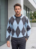 Baby Blue Gray Crew Neck Men's Knitwear Sweater with Diamond Pattern