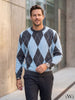 Baby Blue Gray Crew Neck Men's Knitwear Sweater with Diamond Pattern