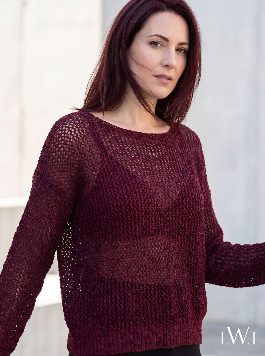 File Örgü Detaylı Modern Triko Bluz Bordo