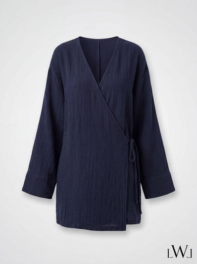 Kadın %100 Pamuklu Müslin Kimono - Yandan Bağlamalı Kruvaze(Anvelop) Bluz