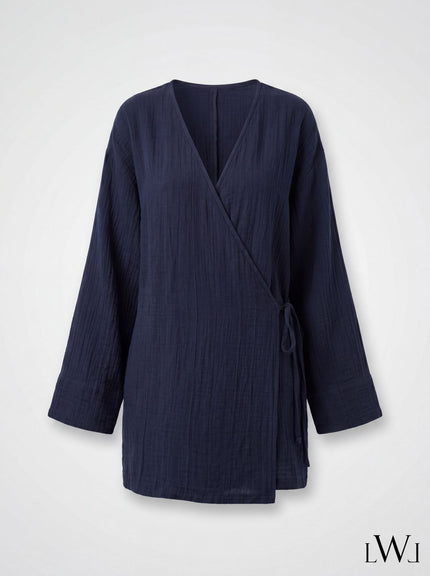 Kadın %100 Pamuklu Müslin Kimono - Yandan Bağlamalı Kruvaze(Anvelop) Bluz