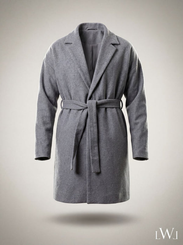 Kemerli Oversize Kaşe Kaban Gri