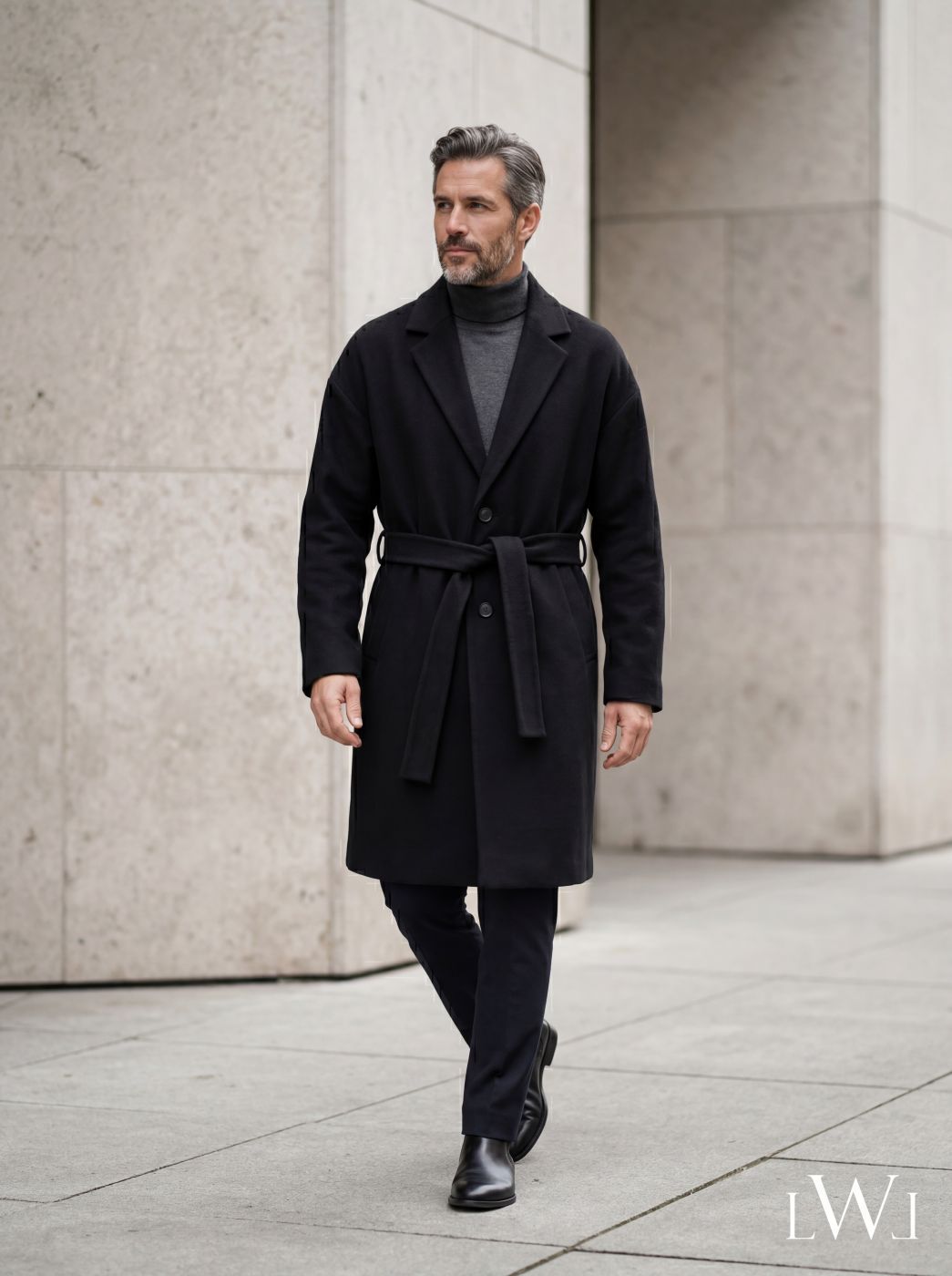Kemerli Oversize Kaşe Kaban Siyah