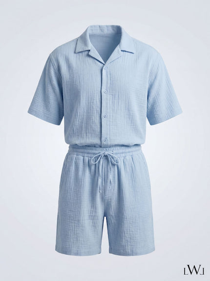 Erkek Apaş Yaka Oversize Müslin Takım - %100 Pamuklu Şortlu İkili Set