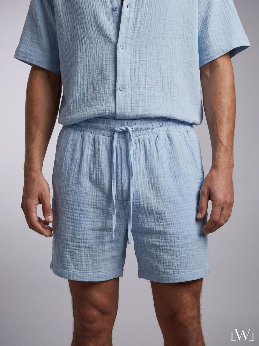 Erkek Apaş Yaka Oversize Müslin Takım - %100 Pamuklu Şortlu İkili Set