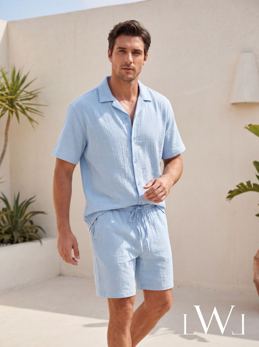 Erkek Apaş Yaka Oversize Müslin Takım - %100 Pamuklu Şortlu İkili Set