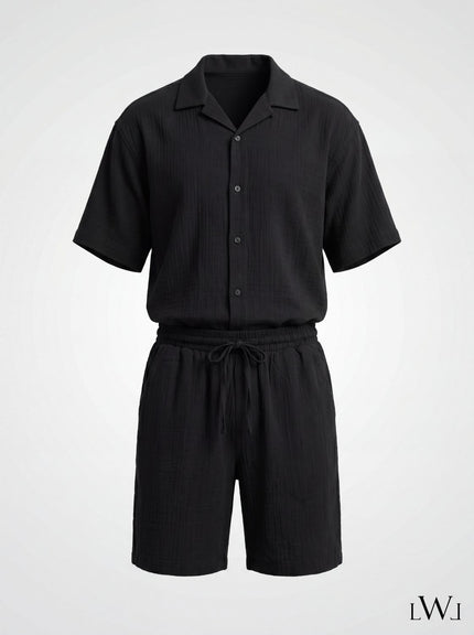 Erkek Apaş Yaka Oversize Müslin Takım - %100 Pamuklu Şortlu İkili Set